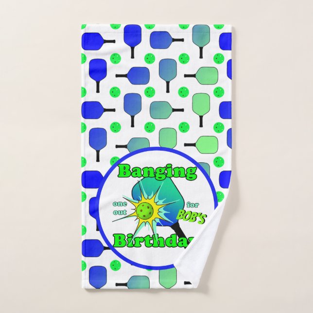Pickleball Birthday Blue Green Paddle Ball Banging Hand Towel (Hand Towel)