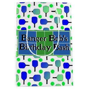 Pickleball Birthday Blue Green Paddle Ball Banging Medium Gift Bag