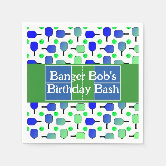 Pickleball Birthday Blue Green Paddle Ball Banging Napkin (Front)