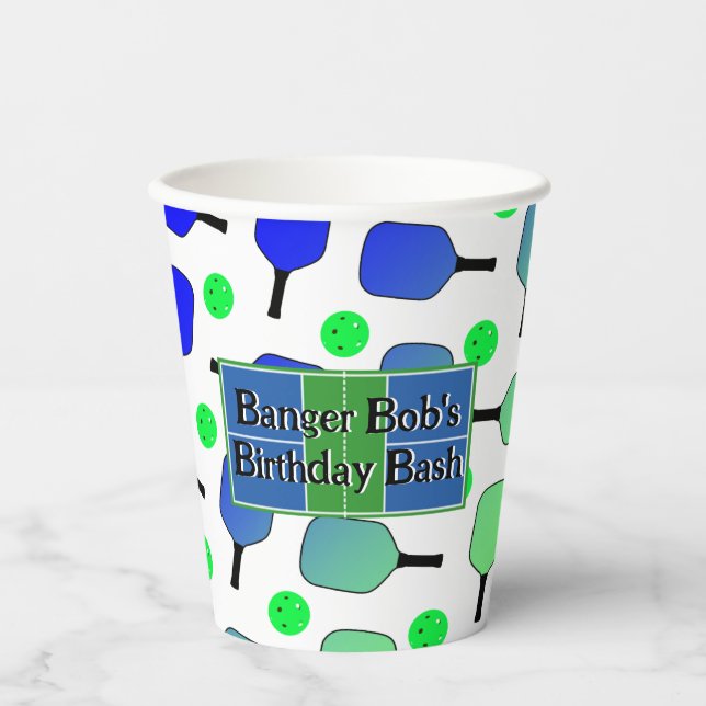 Pickleball Birthday Blue Green Paddle Ball Banging Paper Cups (Front)