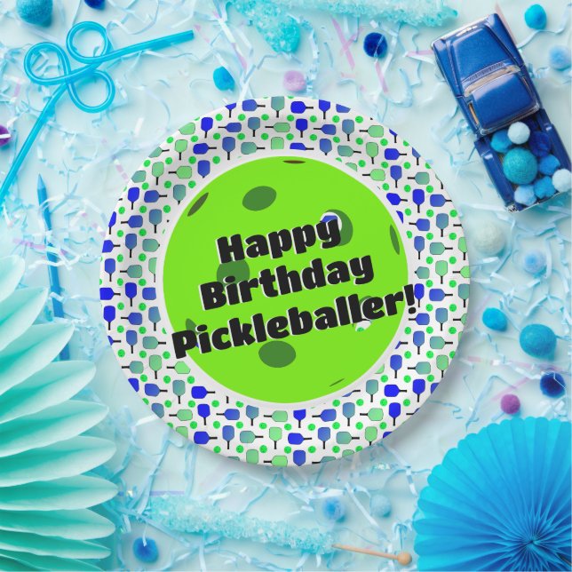 Pickleball Birthday Blue Green Personalized Happy Paper Plate (Party)