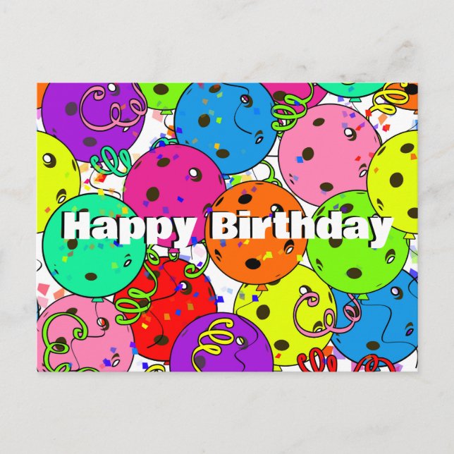 Pickleball Birthday Colourful Balloons and Confett Postcard (Front)