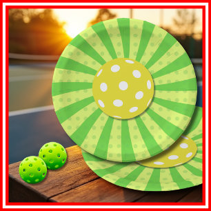 Pickleball Birthday Green RETRO Stripes Sports Paper Plate