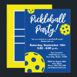 Pickleball Birthday party invitation template<br><div class="desc">Pickleball Birthday party invitation template. Fun design with gathering with friends and family. Personalize with your own date and text. Blue and yellow balls with court drawing on the back. Also great for tournament,  club event,  match night,  celebrations,  reunion,  BBQ,  kids day and more.</div>