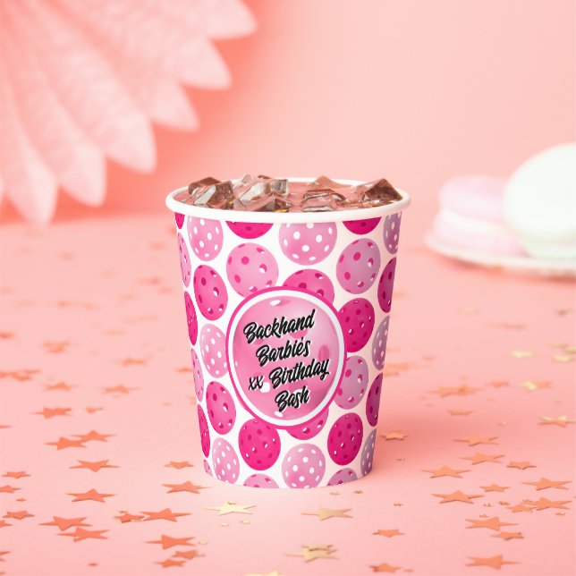 Pickleball Birthday Party Pink White Personalized  Paper Cups (Insitu)