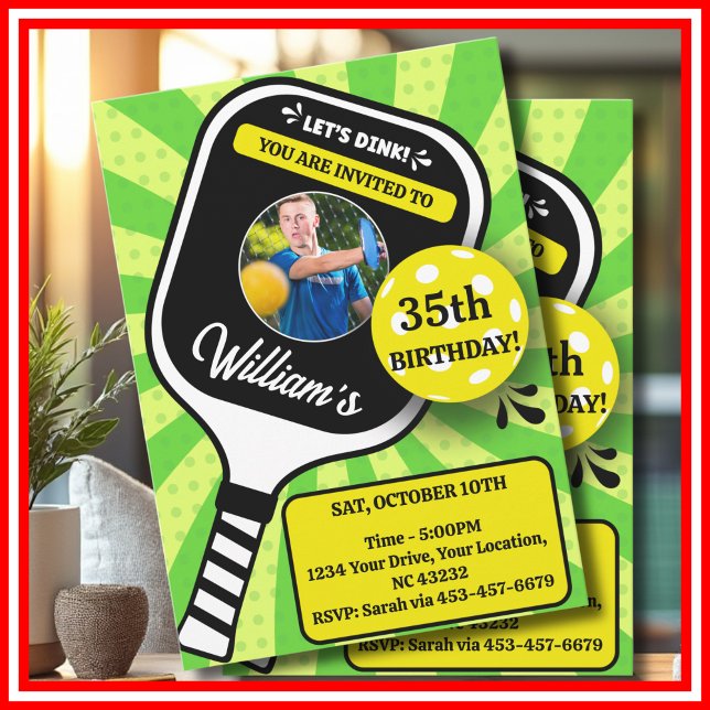 Pickleball Birthday RETRO Green Sports PHOTO Invitation (Pickleball Birthday RETRO Green Stripes Sports PHOTO Invitation )