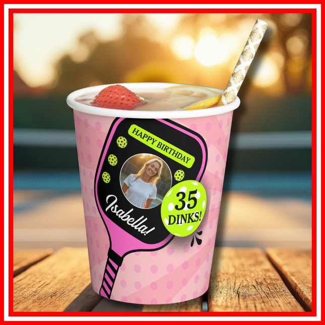 Pickleball Birthday RETRO Pink Sports PHOTO Paper Cups (Pickleball Birthday RETRO Pink Sports PHOTO Paper Cups)