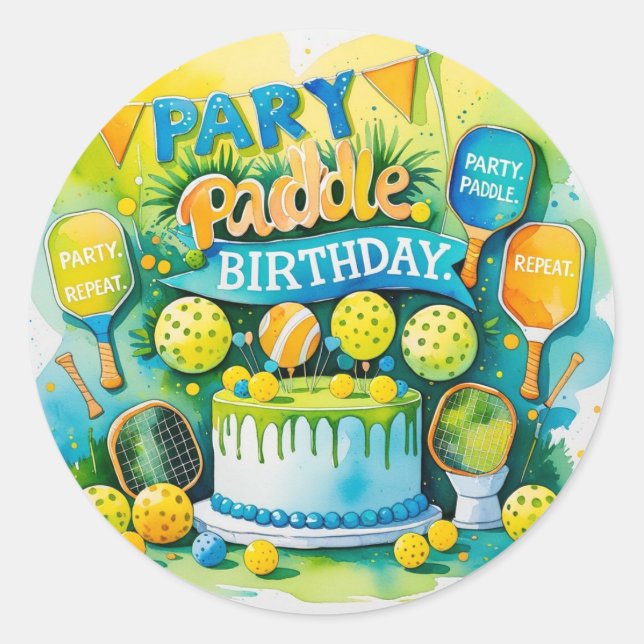 Pickleball Birthday themed"Party. Paddle. Repeat." Classic Round Sticker (Front)