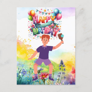 Pickleball Birthday with flowers and rainbow Postcard