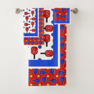 Pickleball Blue Paddles Yellow Balls 4th of July Bath Towel Set