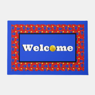 Pickleball Blue Paddles Yellow Balls 4th of July Doormat