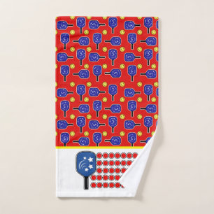 Pickleball Blue Paddles Yellow Balls 4th of July Hand Towel