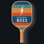 Pickleball Boss Lightning Bolt Retro Stripes Name  Paddle<br><div class="desc">This simple,  trendy pickleball paddle features a lightning bolt and collegiate typography reading Pickleball Boss over a retro stripes design. The back contains text templates for monogram initials and a name,  making it a perfect,  personalized gift!</div>