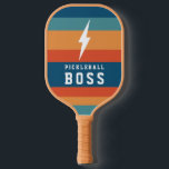 Pickleball Boss Lightning Bolt Retro Stripes Name  Paddle<br><div class="desc">This simple,  trendy pickleball paddle features a lightning bolt and collegiate typography reading Pickleball Boss over a retro stripes design. The back contains text templates for monogram initials and a name,  making it a perfect,  personalized gift!</div>