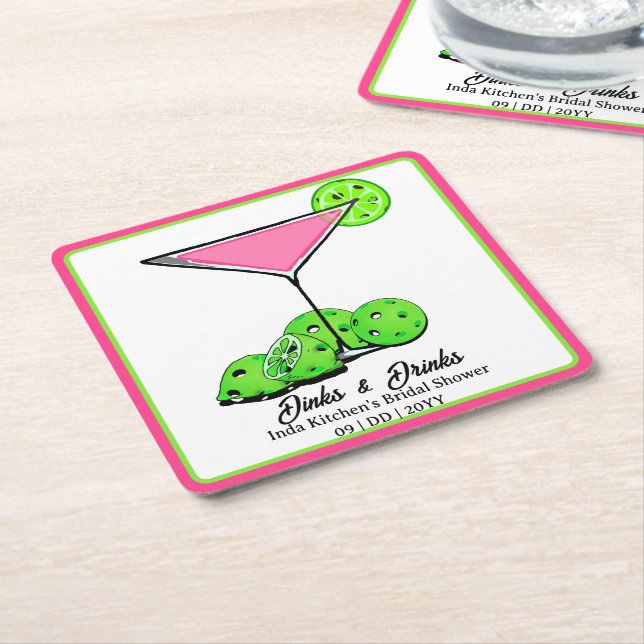 Pickleball Bridal Shower Dinks & Drinks Pink Cosmo Square Paper Coaster (Angled)