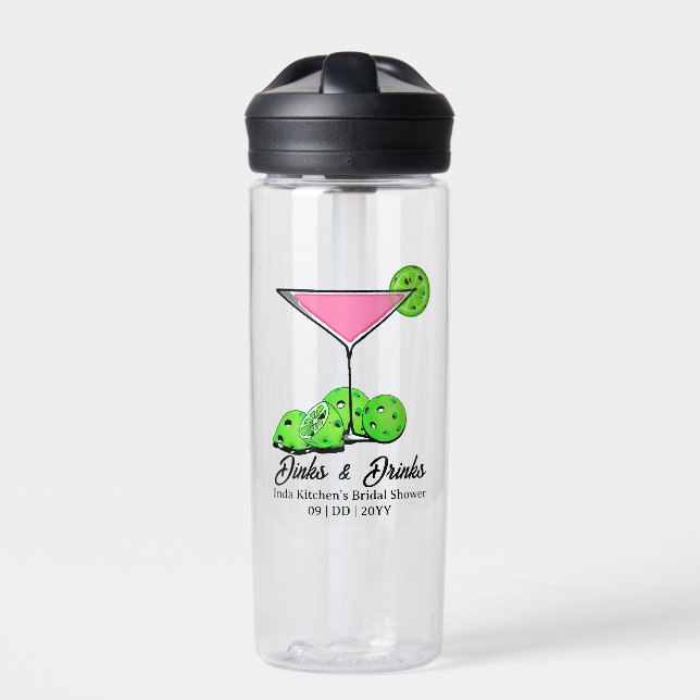 Pickleball Bridal Shower Pink Cocktail Personalize Water Bottle (Front)