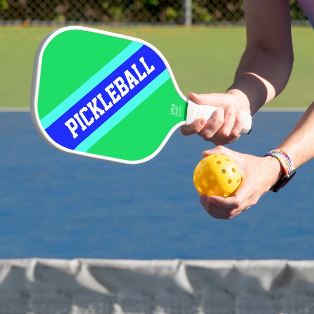 PICKLEBALL Bright Green Royal Blue Racing Stripes Pickleball Paddle (Insitu)