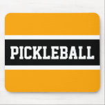 PICKLEBALL Bright Yellow Orange Black Stripes Mouse Pad<br><div class="desc">This fun design features athletic PICKLEBALL text inside a wide black stripe highlighted with white stripes on a bright golden yellow orange background. The colors and text in this design can be personalized.</div>