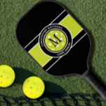 Pickleball Carpe Dinkum Quote Name Initial Black  Pickleball Paddle<br><div class="desc">Classic design features two lines of customizable text for "Carpe Dinkum" or custom saying of choice and name or custom text in a timeless modern font arched over & under an image of a pickleball in green. The background pattern is coordinating black, green & white. Add one or two intials...</div>