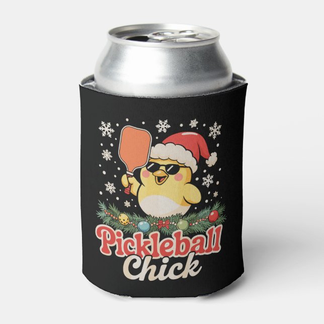 Pickleball Chick Santa Hat Sunglasses Christmas Can Cooler (Can Front)