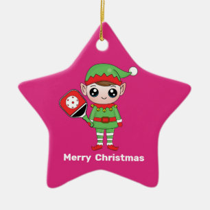 Pickleball Christmas Elf,  Star Ceramic Ornament