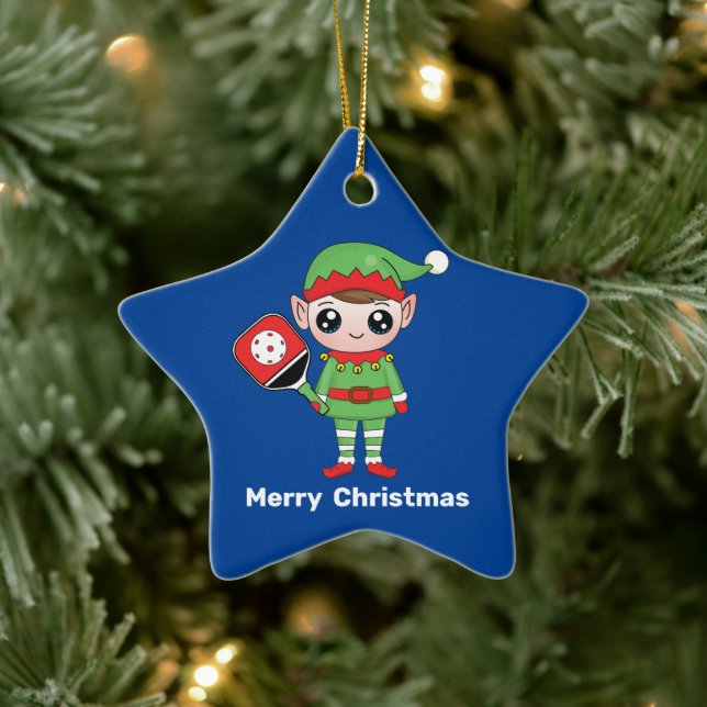 Pickleball Christmas Elf,  Star Ceramic Ornament (Tree)