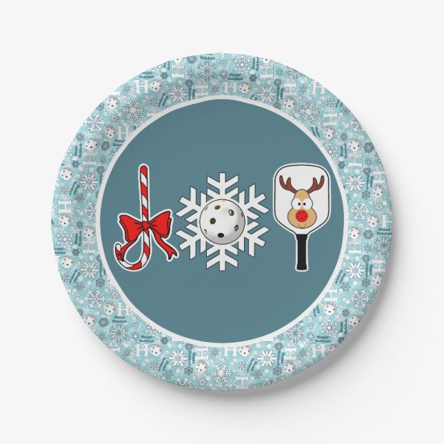 Pickleball Christmas Joy Blue and White Snowballs Paper Plate (Front)