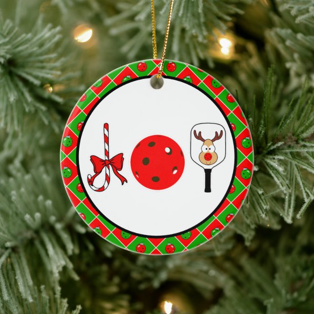 Pickleball Christmas Joy Candy Cane Paddles Ball Ceramic Ornament (Tree)