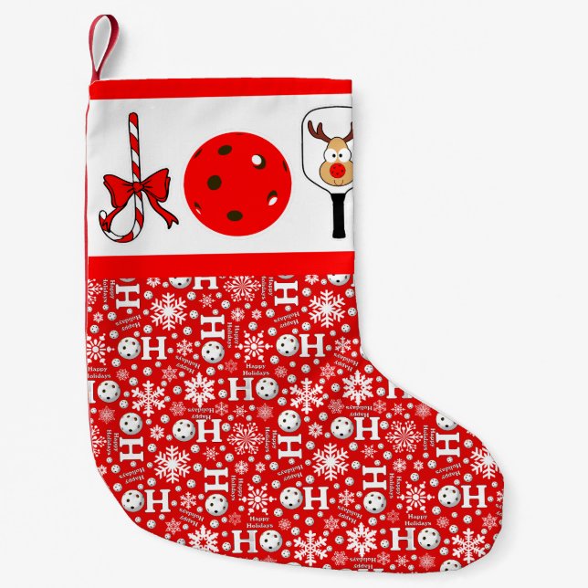 Pickleball Christmas Joy Reindeer Red and White Small Christmas Stocking (Front)