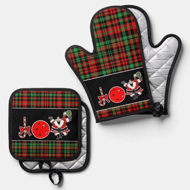 Pickleball Christmas Joy Santa Paddle Plaid Oven Mitt & Pot Holder Set (Front/Back)
