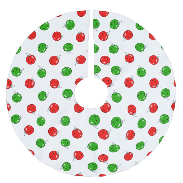 Pickleball Christmas Ornaments Red Green on White Brushed Polyester Tree Skirt (Front)
