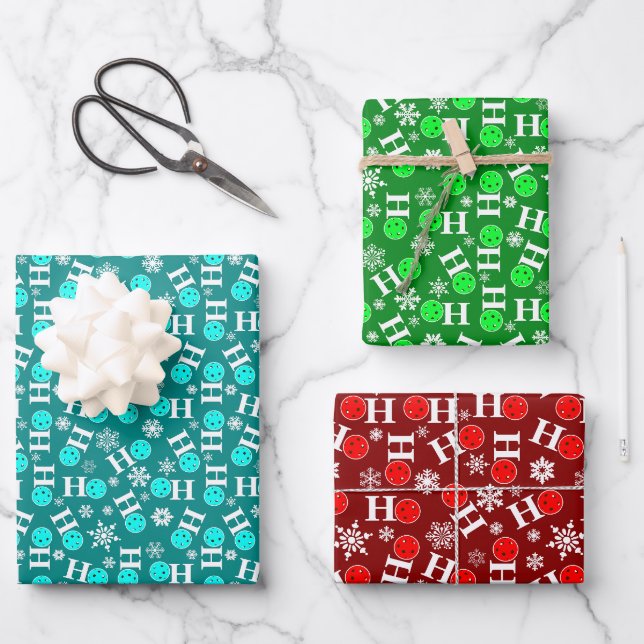 Pickleball Christmas Red Green Blue Ho Ho Ho Snow Wrapping Paper Sheet (Front)