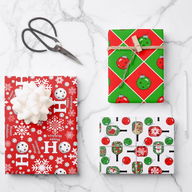 Pickleball Christmas Red Green Ornaments Snowballs Wrapping Paper Sheet (Front)