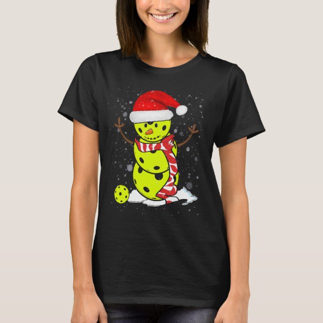 Pickleball Christmas Snowman With Santa's Hat T-Shirt (Front)
