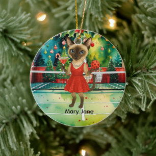 Pickleball Christmas themed for Cat Lovers Ceramic Ornament