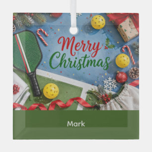Pickleball Christmas themed  Glass Ornament