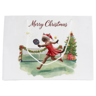 Pickleball Christmas themed with cat  Large Gift Bag