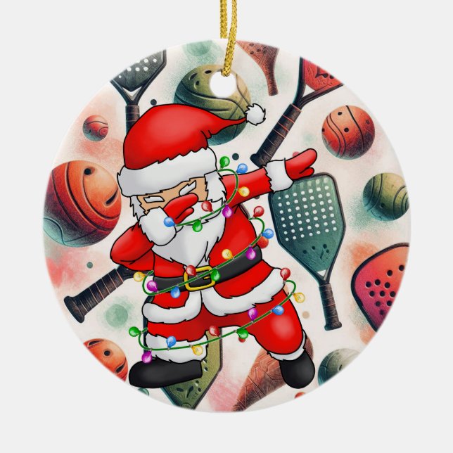 Pickleball Christmas themed with Santa Claus Ceramic Ornament (Front)