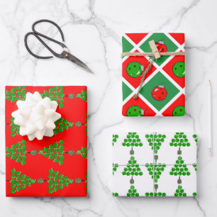 Pickleball Christmas Trees and Red Green Ornaments Wrapping Paper Sheet