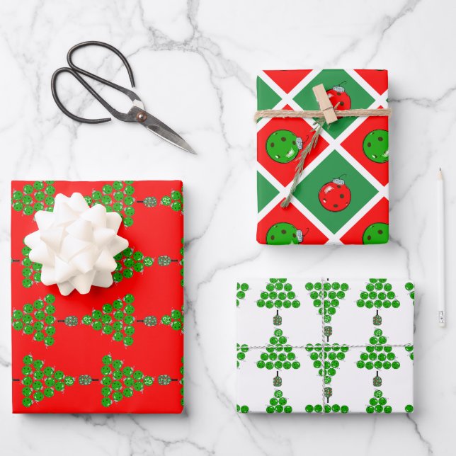 Pickleball Christmas Trees and Red Green Ornaments Wrapping Paper Sheet (Front)