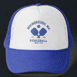 Pickleball Club Pickleball Paddle & Ball Custom Trucker Hat<br><div class="desc">Show your love of the game with this awesome pickleball hat. Easily add your custom text by clicking on personalize. Perfect for town courts,  pickleball clubs,  private backyard courts and pickleball friends and trips.</div>