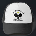 Pickleball Club Team Player Custom Pickle Gift Trucker Hat<br><div class="desc">Standout on the pickleball court in this super cool hat featuring crossed pickleball paddles, a ball and your custom text. Easily change the wording to include your pickleball club name, team name, city/location or any wording your choose. Also change the font and graphic colours - just click edit/personalize. Makes an...</div>