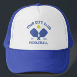 Pickleball Club Team Player Custom Pickle Gift Trucker Hat<br><div class="desc">Standout on the pickleball court in this super cool hat featuring crossed pickleball paddles, a ball and your custom text. Easily change the wording to include your pickleball club name, team name, city/location or any wording your choose. Also change the font and graphic colours - just click edit/personalize. Makes an...</div>