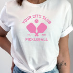 Pickleball Club Team Player Custom Pickler Gift T-Shirt<br><div class="desc">Standout on the pickleball court in this super cool t-shirt featuring crossed pickleball paddles, a ball and your custom text. Easily change the wording to include your pickleball club name, team name, city/location or any wording your choose. Also change the font and graphic colours - just click edit/personalize. Makes an...</div>