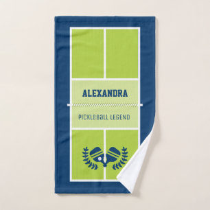 Pickleball court with custom text and background hand towel