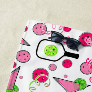 Pickleball Day Dinking Cosmo Cocktail Pink Green Beach Towel