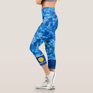Pickleball Design Blue Tie Dye Pattern Custom Capri Leggings