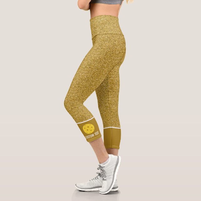 Pickleball Design Gold Glitter Print Custom Capri Leggings (Left)