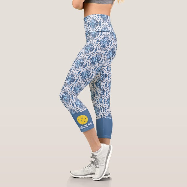 Pickleball Design with Blue Boho Chic Ikat Pattern Capri Leggings (Left)