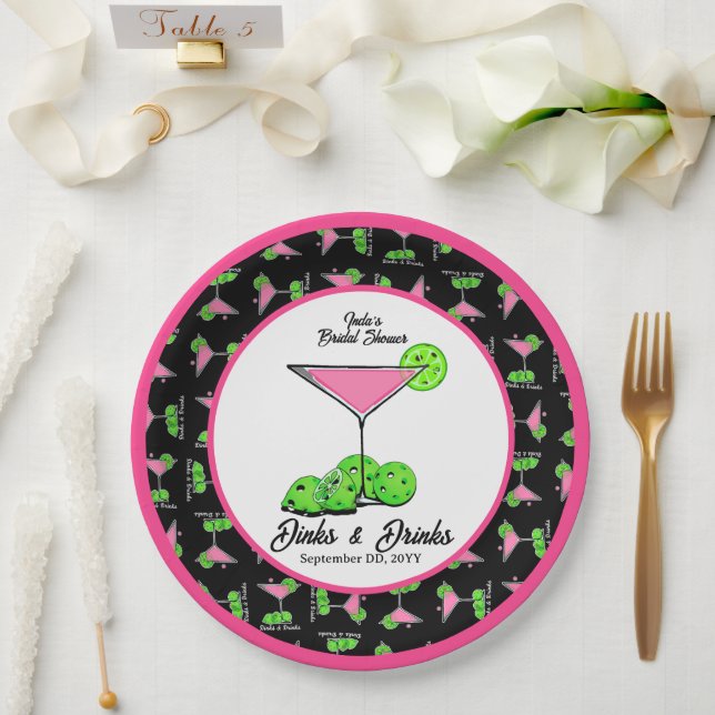 Pickleball Dinks & Drinks Pink Cosmo Cocktails  Paper Plate (Wedding)